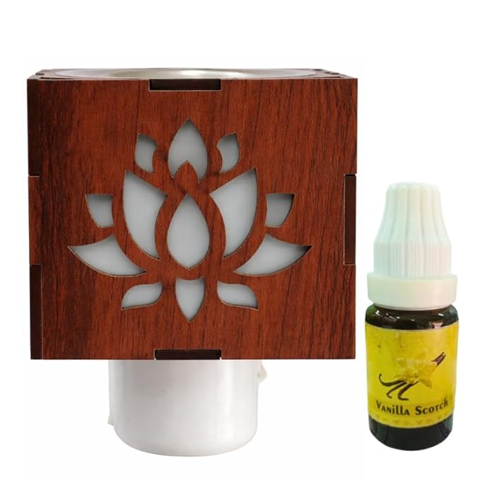 Electric Kapoor Dani Lotus Design with Strawberry Aroma Oil | Wooden Plug-in Camphor Diffuser Burner for Pooja Room, Mandir Decor, Vastu Item, Night Lamp & Spiritual Gift