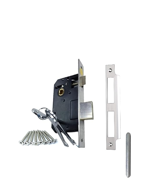ONJECX Steel Premium Range Lock Heavy Duty Mortise Door Lock Double Action Brass Latch Brass Bhogli SS Finish 6 Lever for House Pack of 1 pcs (BML65S)