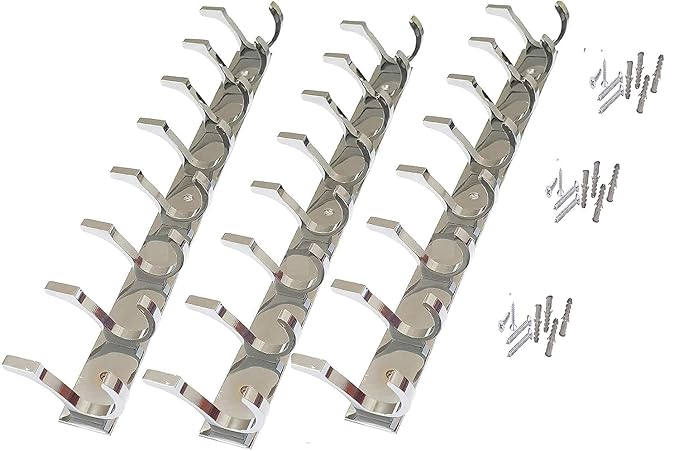 ONJECX Stainless Steel & Aluminium Premium Heavy Quality - 8 PIN Duck Cloth Hanger Bathroom Wall Door Hooks with 12 Screw and 12 Grip (Pack of 3 pcs)