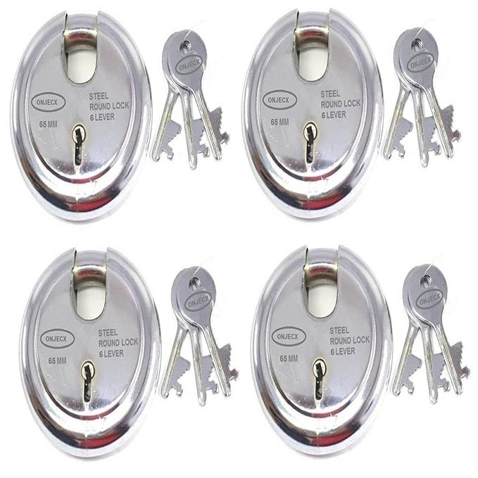 Onjecx Steel 9 Levers 90 mm Heavy Duty Padlock, Sutter Lock, Round Lock Long Life Durable with 3 Keys for Main Gate, Office Door, Shop Shutter, Pack of 4 pcs (RPL904)