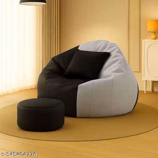 NAV | Grey-Black 3-Piece Stylish XXXXL Bean Bag Set | Dual Tone Faux Leather (Gray-Black) | Includes Footstool & Cushion (Beans Not Included)