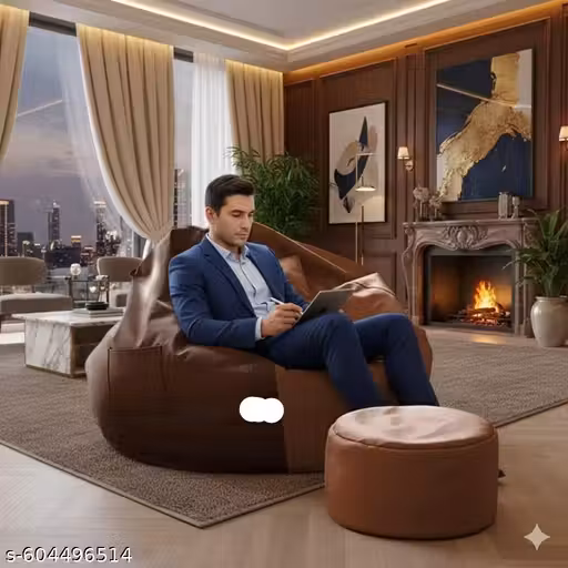 NAV | TAN-BROWN (without beans) | Stylish 3-Piece Dual Color Bean Bag Set - XXXXL | Faux Leather Cover with Footstool & Cushion (Beans Not Included)