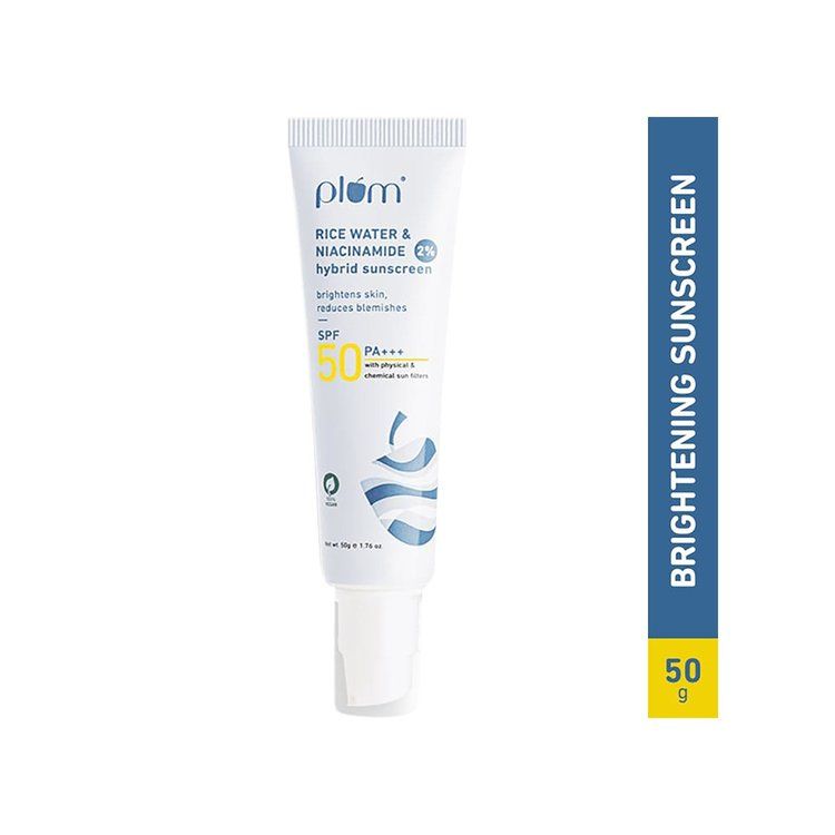Plum 2% Niacinamide & Rice Water SPF 50 PA+++ Hybrid Sunscreen, 50g | Protects from UVA & UVB Rays | Fragrance-free | All Skin Types | 100% Vegan