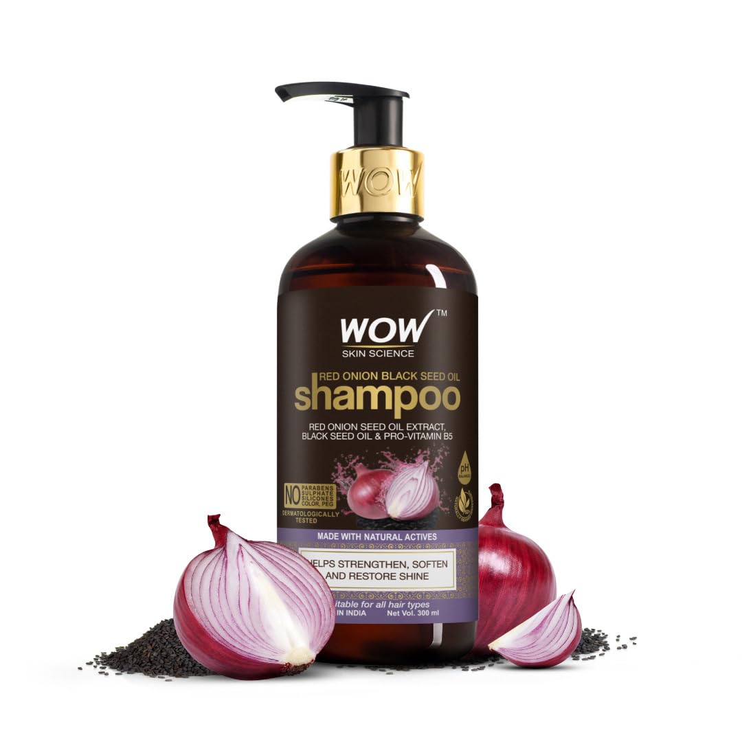 Wow Skin Science Red Onion Black Seed Oil Shampoo With Red Onion Seed Oil Extract, Black Seed Oil & Pro-Vitamin B5 | Controls Hair Fall | Sulphate & Paraben Free | For Men & Women - 300Ml