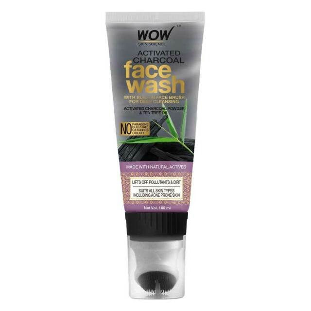 Wow Skin Science Activated Charcoal Face Wash Gel With Built-in Face Brush For Removing Impurities, 100 ml