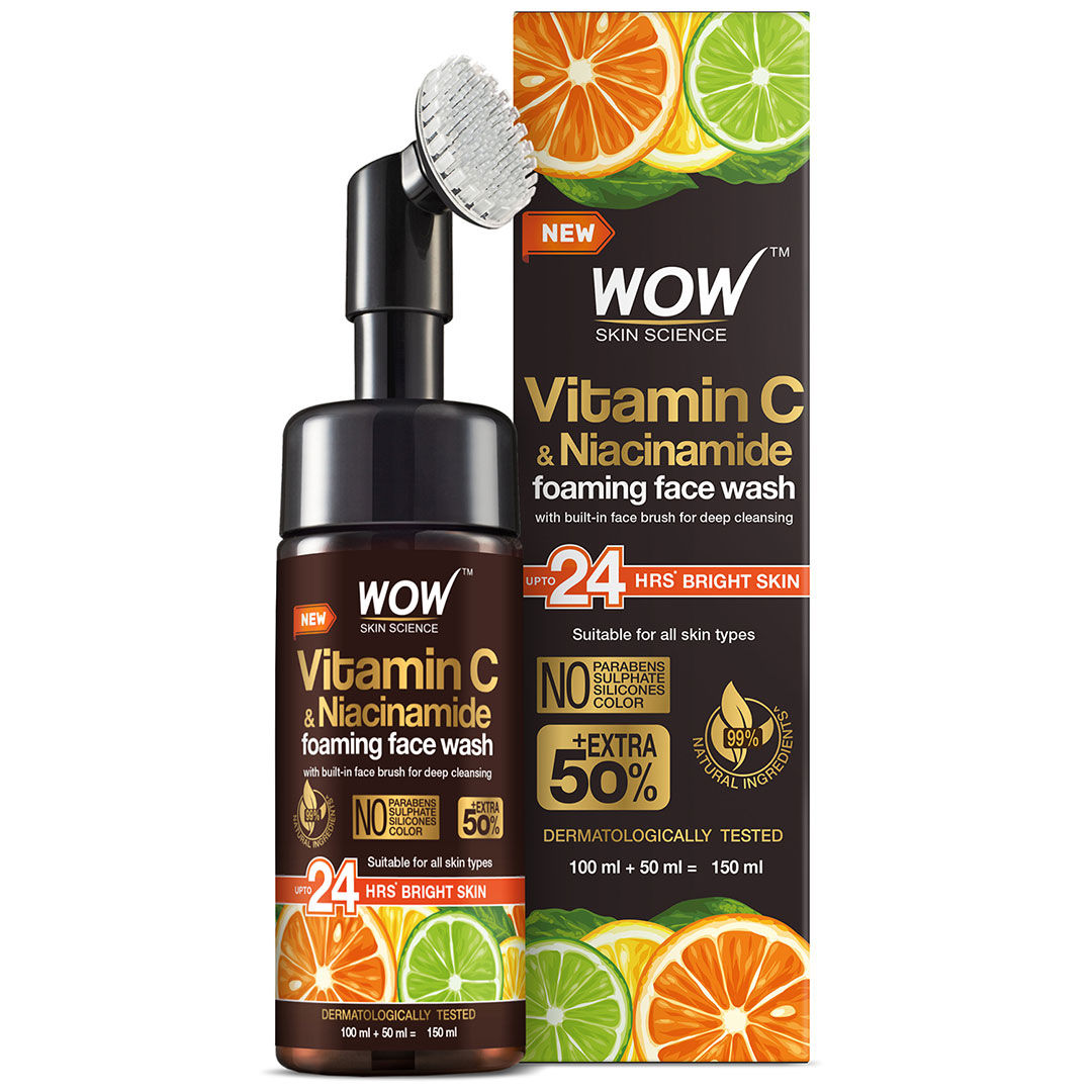 Wow Skin Science Vitamin C & Niacinamide Foaming Face Wash with built-in Face Brush for deep Cleansing 150ml | upto 24 hours Bright Skin | Suitable for all Skin Types