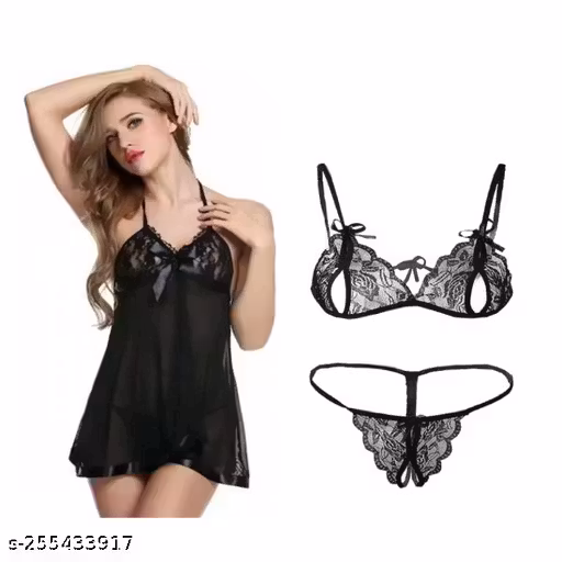 Women BabyDoll With Lingerie Set Babydoll Lingerie Set, babydoll nightdress, honeymoon dress, sexy dress, nighty, sexy bra panty set, wedding dresses, Free Size