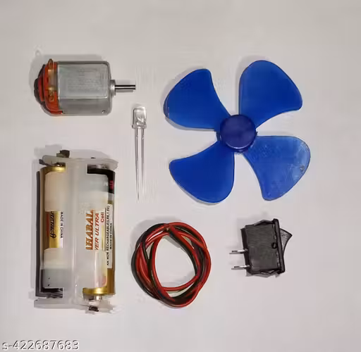 Ab New Trending 3-9 volt DC Toy motor with Fan Blade,Cell holder with 2 Cell,LED Bulb, Wire and SPDT Switch for small application and DIY kits for Hobby Projects and Science projects kit