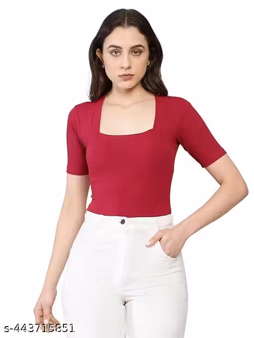 Women's & Girl's Solid Knitted Square Neck T-Shirts Short Sleeve Tops