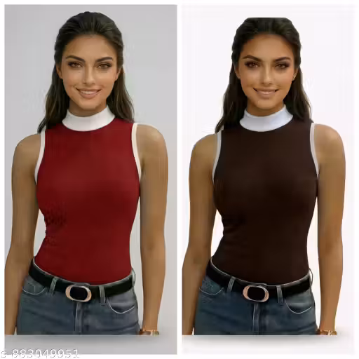 Women Sleeveless High Neck Ribbed Top Combo Pack