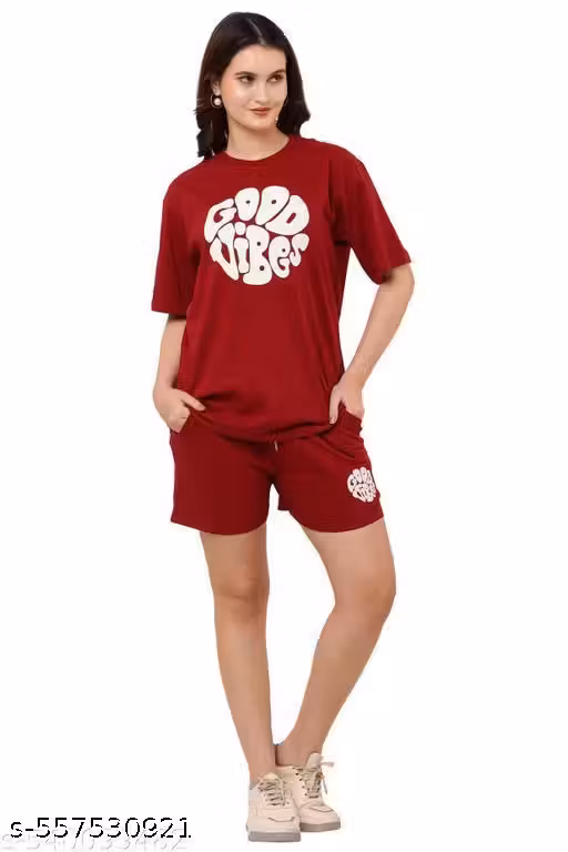 Women's Cotton Co-ord Set in Black – "Good Vibes" Print T-Shirt & Shorts