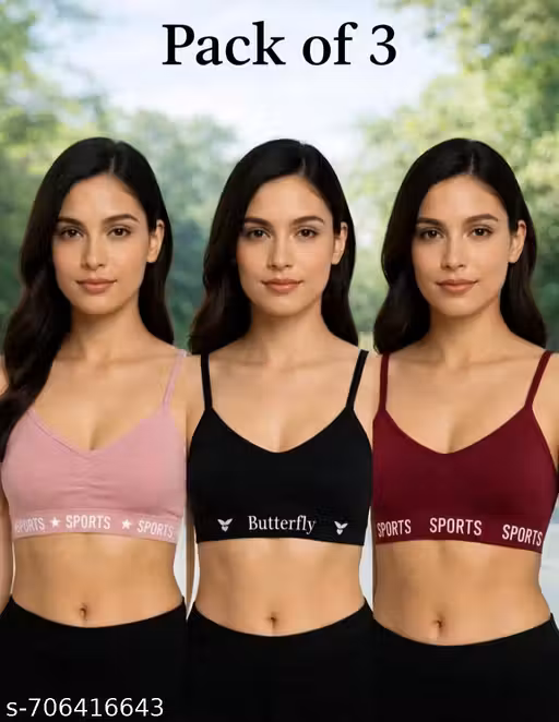 Women sport bra combo pack of 3 stylish colour mehrum black pink daily wear
