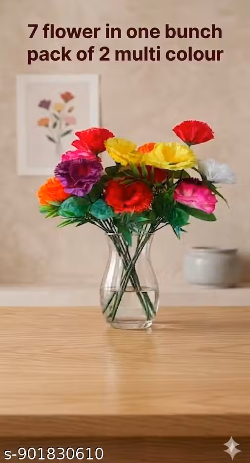 Artificial Flowers for Home Decoration – (Pack of 2), 7 Flowers in Each Bunch, Multi Colour Fake Flower Bouquet for Living Room, Office Table, Vase Decor