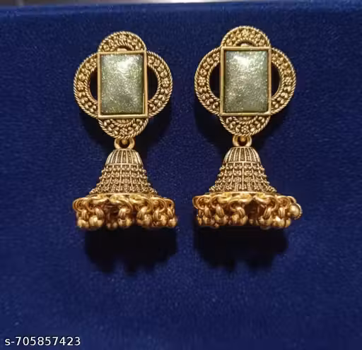 Antique Gold-Plated Jhumka Earrings with Rectangular Green Stone and Filigree Detail