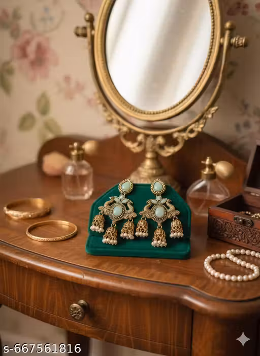 Vintage Green Stone Peacock Jhumka Earrings with Pearl Drops