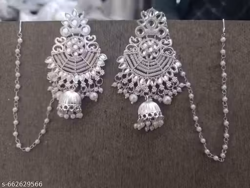 Silver Look Pearl Kundan Jhumka Earrings with Ear Chain for Women