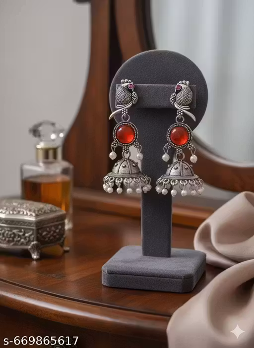 Antique Silver Earrings with Red Stone and Pearl Drop Accents