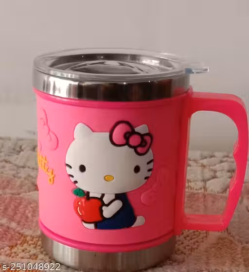 Stainless Steel Emboss Mug Hot and Cold Coffee/Milk/Tea Mug 300 ml with Plastic Lid & Soft Rubber Design (Random Color) - 1 Piece