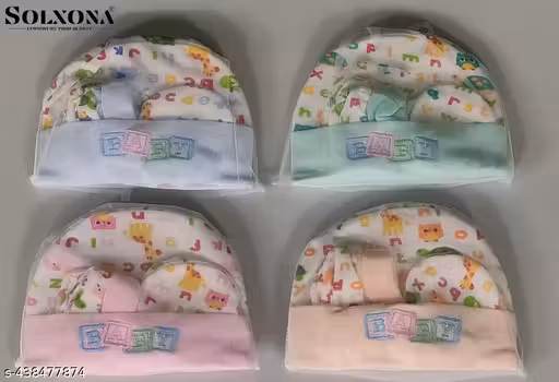 Solxona® Caps, Mittens & Booties Set for Newborn infant Baby, 100% Soft Cotton Printed Caps, Gloves, Socks for Boy Girl babies (0-3 Months) (Multicolour & Multidesign) 4 set
