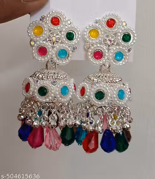 Silver Plated Jhumka Earrings | Multicolour Earrings | Pearls Beaded Earrings | Diamond Studded Jhumka Earrings | Jhumka | Earrings |