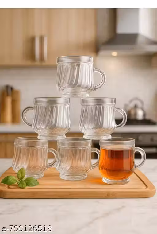Handle Glass Mugs capacity 125 ml (approx ) per mugs Premium Clear Glass: Made from high-quality transparent glass for a clean Heat Resistant: Ideal for serving hot tea, coffee, milk, green tea, or herbal drinks