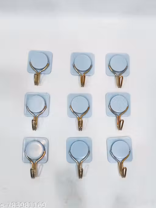 set of 9 blue colour self-adhesive wall hooks with a chrome-plated metal finish