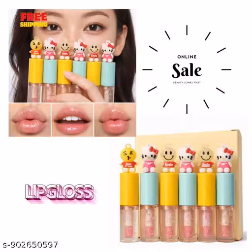 Cute Cartoon Lip Gloss Combo (6 Pcs) | Mini Glossy Lip Shine Set for Girls | Transparent Lip Gloss Kit