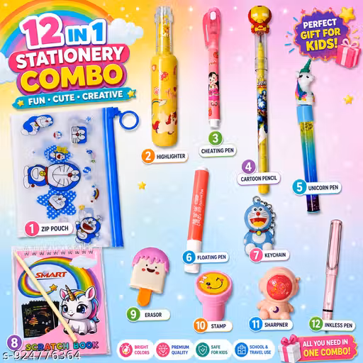 12-in-1 Kids Stationery Combo Set with Pouch | Unicorn & Cartoon Theme School Kit | Scratch Book, Pens, Highlighter, Eraser, Sharpener | Gift Set for Boys & Girls