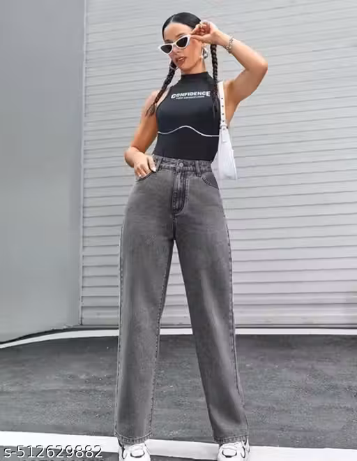 Women trending & stylish straigh- fit loose-fit jeans grey