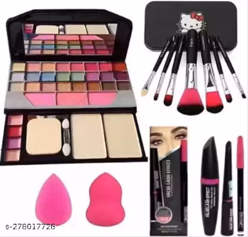KAVROH BEAUTY 7 Brush & 6155 Makeup Kit + 2 pc Blender Puff and 3IN1 (KAJAL+MASCARA+EYELINER) (Pack of 7)
