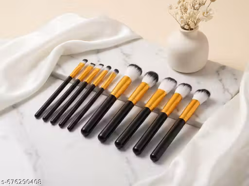 Premium 10 Pcs Cosmetic Makeup Brush Set with 5 Pcs Big 5 Pcs Small Makeup Brushes - Black & Golden with multicolour Brussels