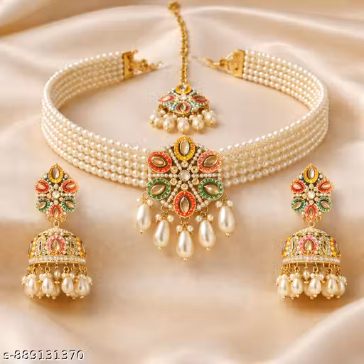 Royal Kundan Pearl Choker Set with Maang Tikka & Jhumka Earrings for Women