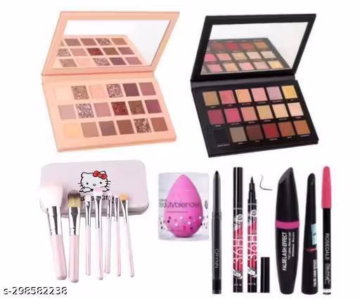 ASREET Makeup Eyeshadow palette Nude and Rose gold 18 Shades (Multi Color)+ Brushes pack of 7+Eyeliner and Kajal and 3in 1 mascara set +Multicolor beauty blendor (15 Items in set) combo 112