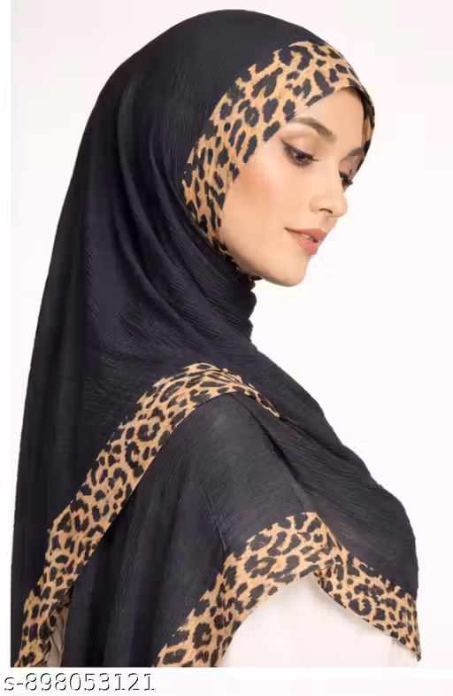 Premium Crinkle Cotton Hijab for Women – Black with Leopard Print Border