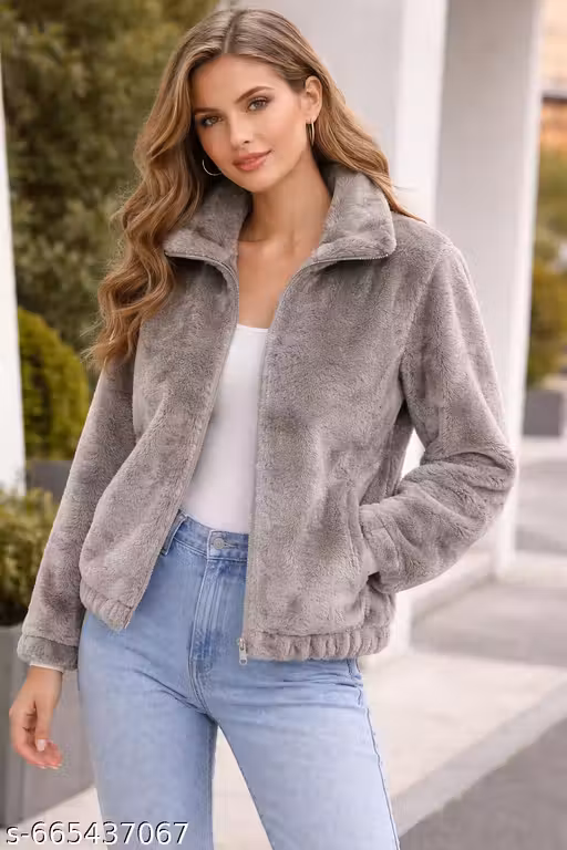 Grey fur woolen trending jacket for women.