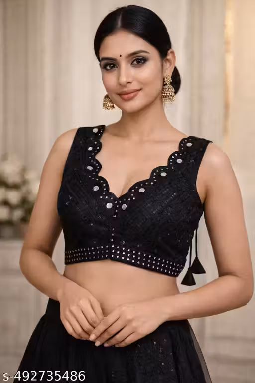 Black Silk Embroidered Sleeveless Blouse for Women | Mirror Work Padded Readymade Blouse
