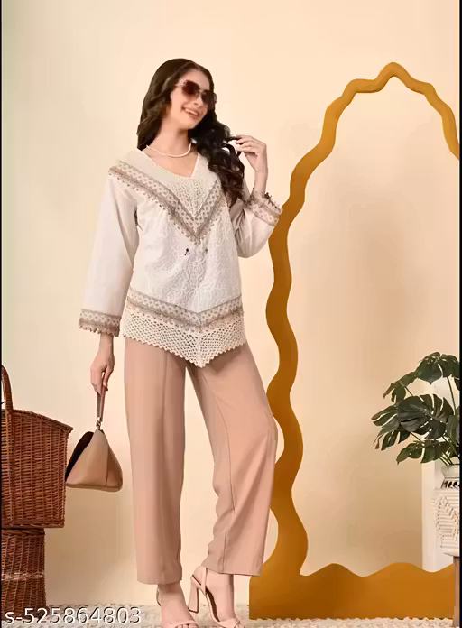 Women's Hand Embroidered White Cotton Tunic with Beige Lace Trim | Boho Style V-Neck Top
