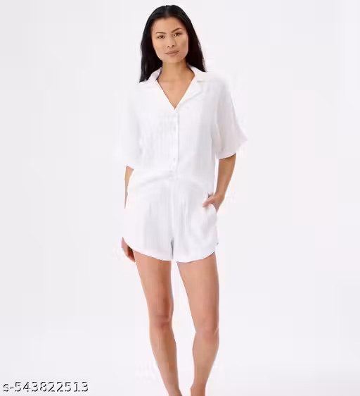 Stylish Summer Cotton Co-ord Set for Women – Relaxed Fit Shirt & Shorts (White)
