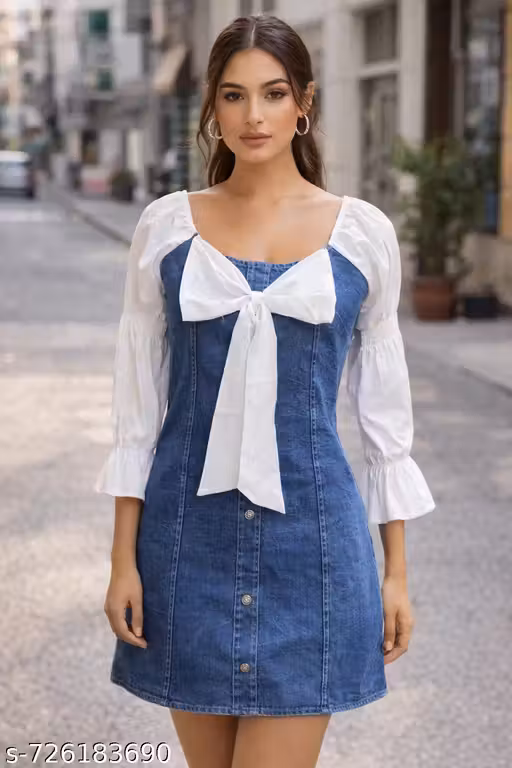 Women's Stylish Denim Mini Dress with White Puff Sleeves | Casual Fit