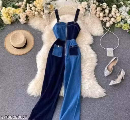 Urbane Designer Women’s Colorblocked Denim Jumpsuit – Sleeveless Zipper-Front Dungaree Stylish Western Wear Outfit