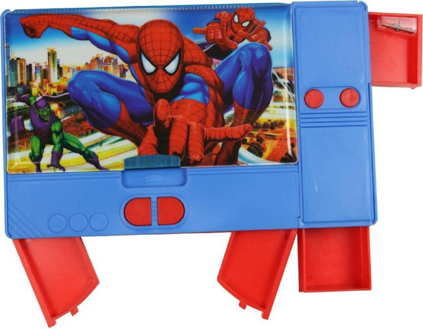 B INIK Pencil Box with Multiple Compartments, Blue and Red, Hard Shell Plastic, Kids School Stationery Organizer