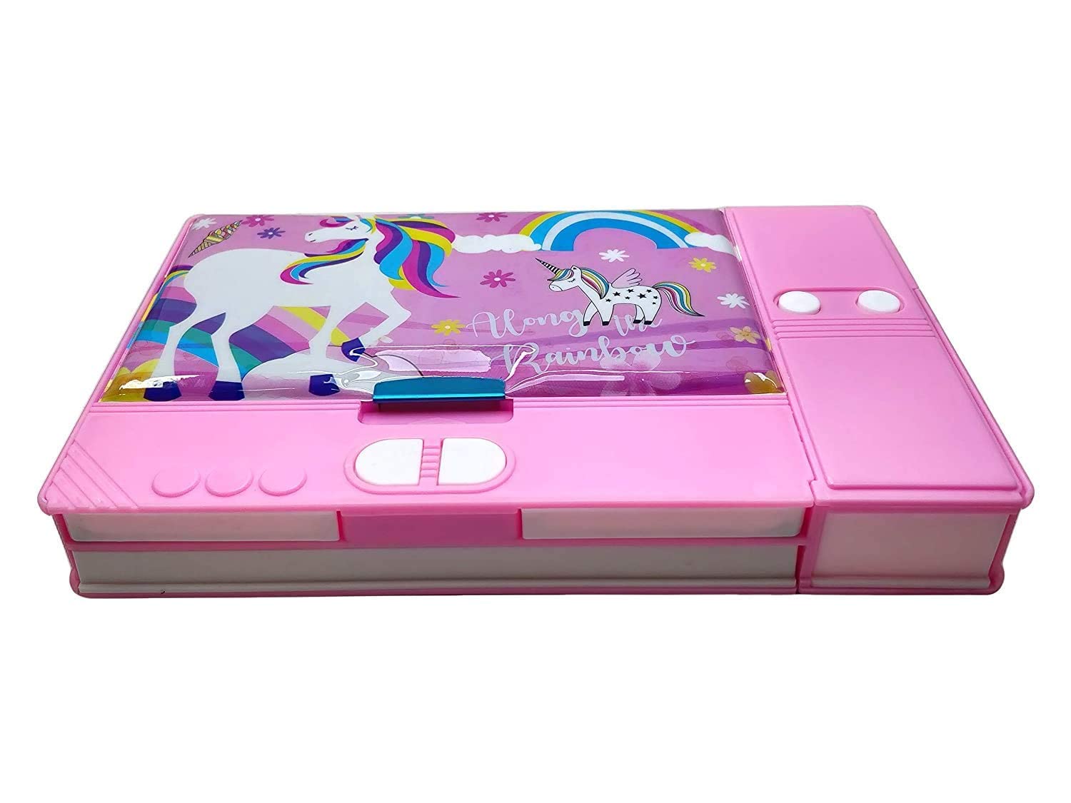 B INIK Pencil Box, Pink, Multi-Compartment with Sharpener, Hard Shell Plastic, Jumbo Size For Girls