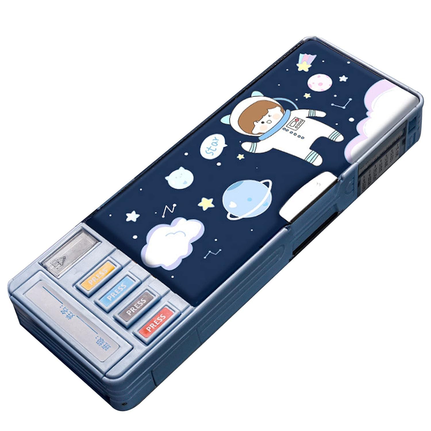 B INIK Pencil Box with Space Theme Astronaut Design, Hard Shell Stationery Case for Kids, Navy Blue