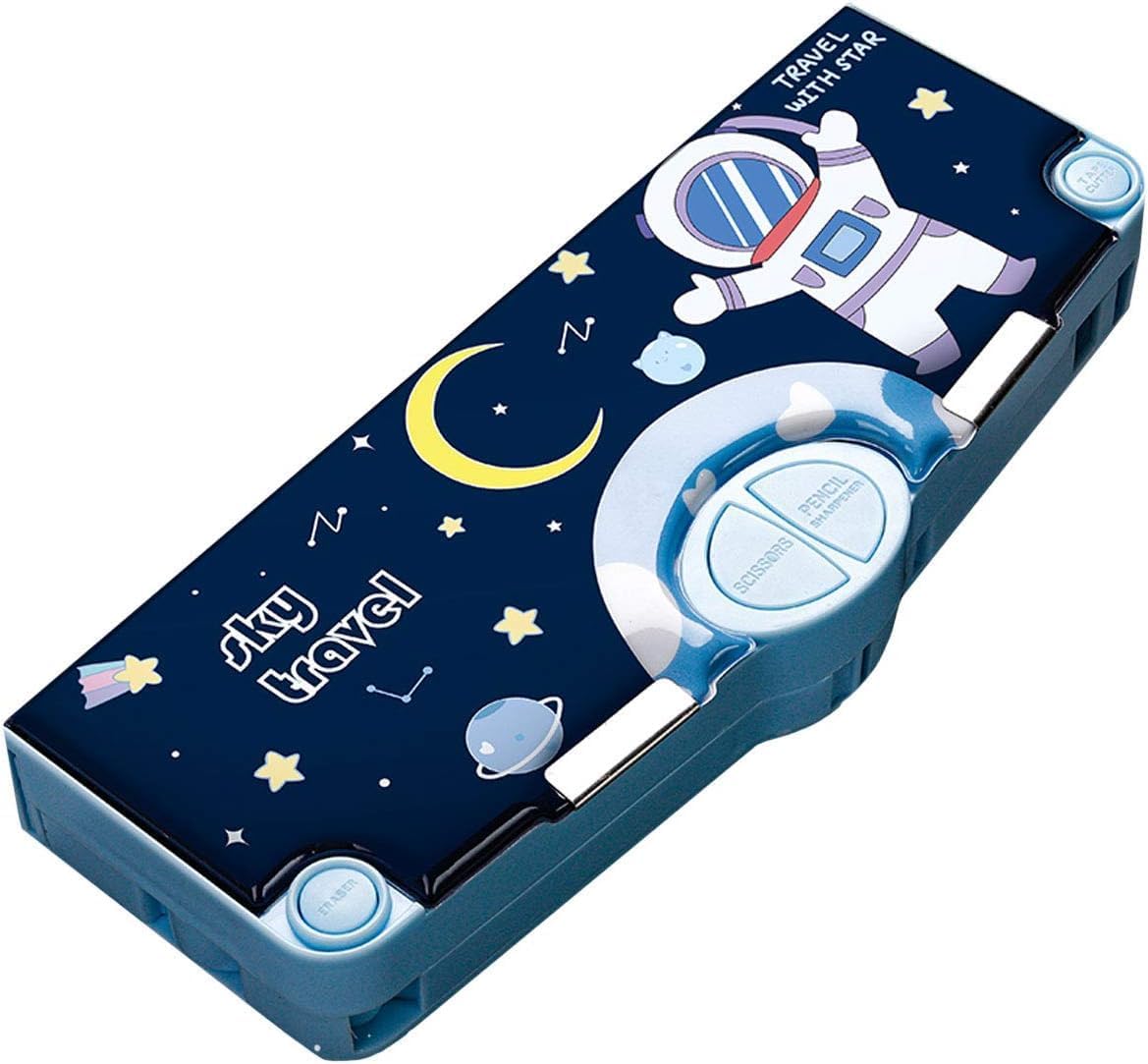 B INIK Space Pencil Box, Navy Blue with Space Theme, Plastic Hard Shell, Multi-Compartment Storage, Magnetic Closure, Unisex Kids
