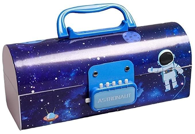 B INIK Space Double Lock Pencil Box, Navy Blue with Space Theme, Hard Shell Polyester, Password Lock Closure, Hand Strap