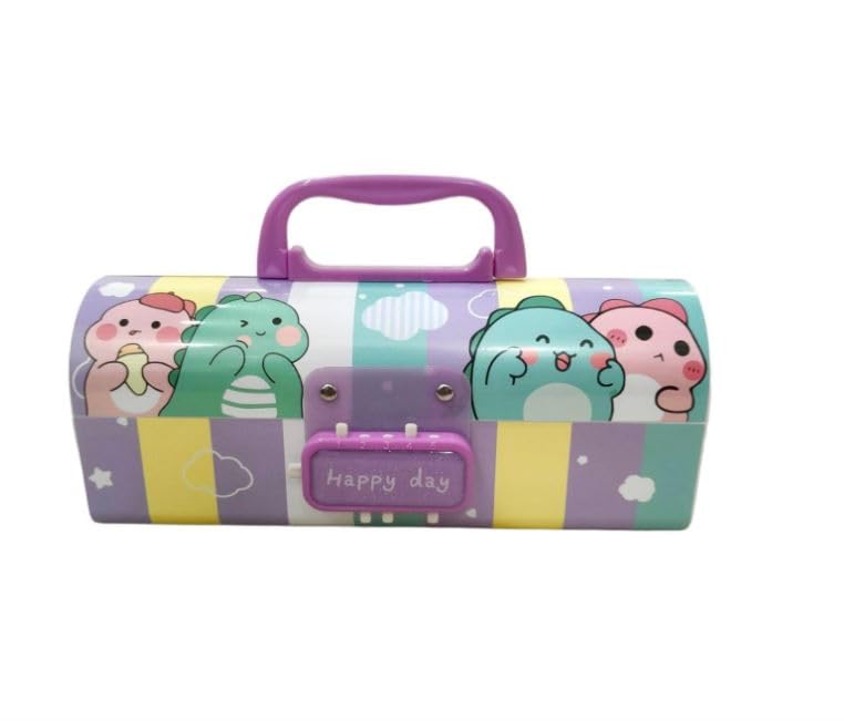 B INIK Pencil Box with Handle, Purple and Mint Green, Cute Dinosaur Theme, Hard Shell, Unisex Kids School Stationery Organizer