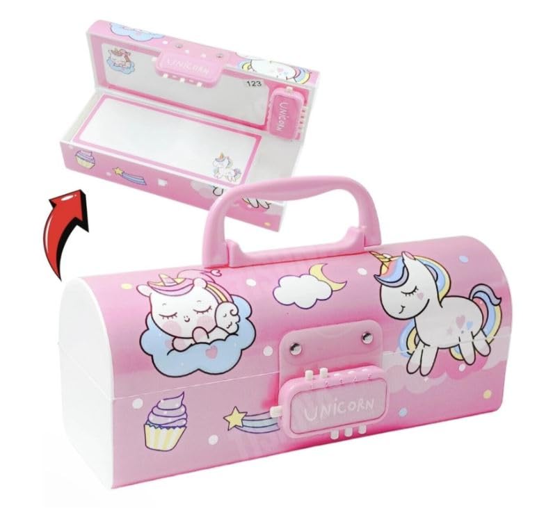 B INIK Pencil Box, Pink Unicorn Design, Hard Shell with Password Lock and Handle, For Girls