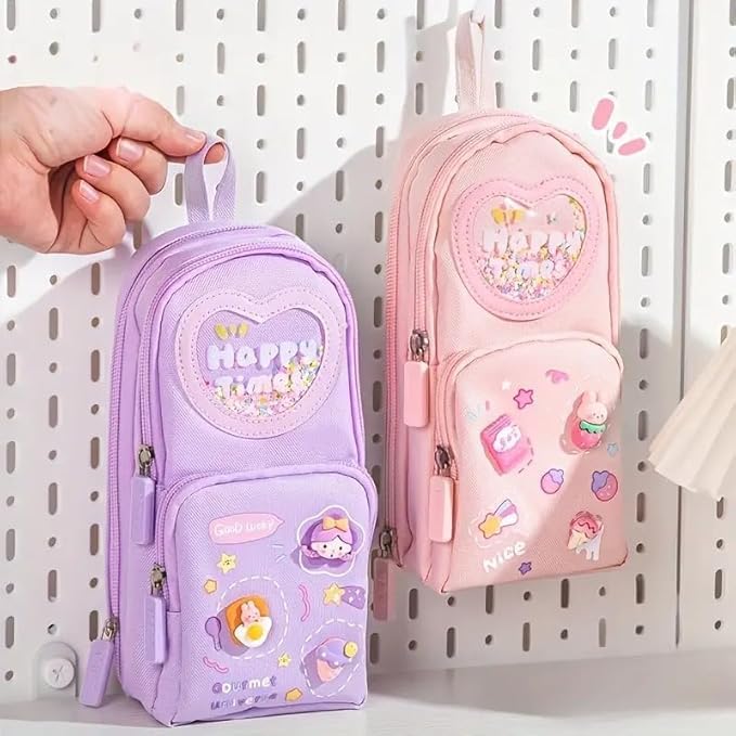 B INIK Pencil Hand Pouch, Pastel Bear Design with Heart Patches, Polyester, Small Portable Case for Girls (pink & purple random colour)