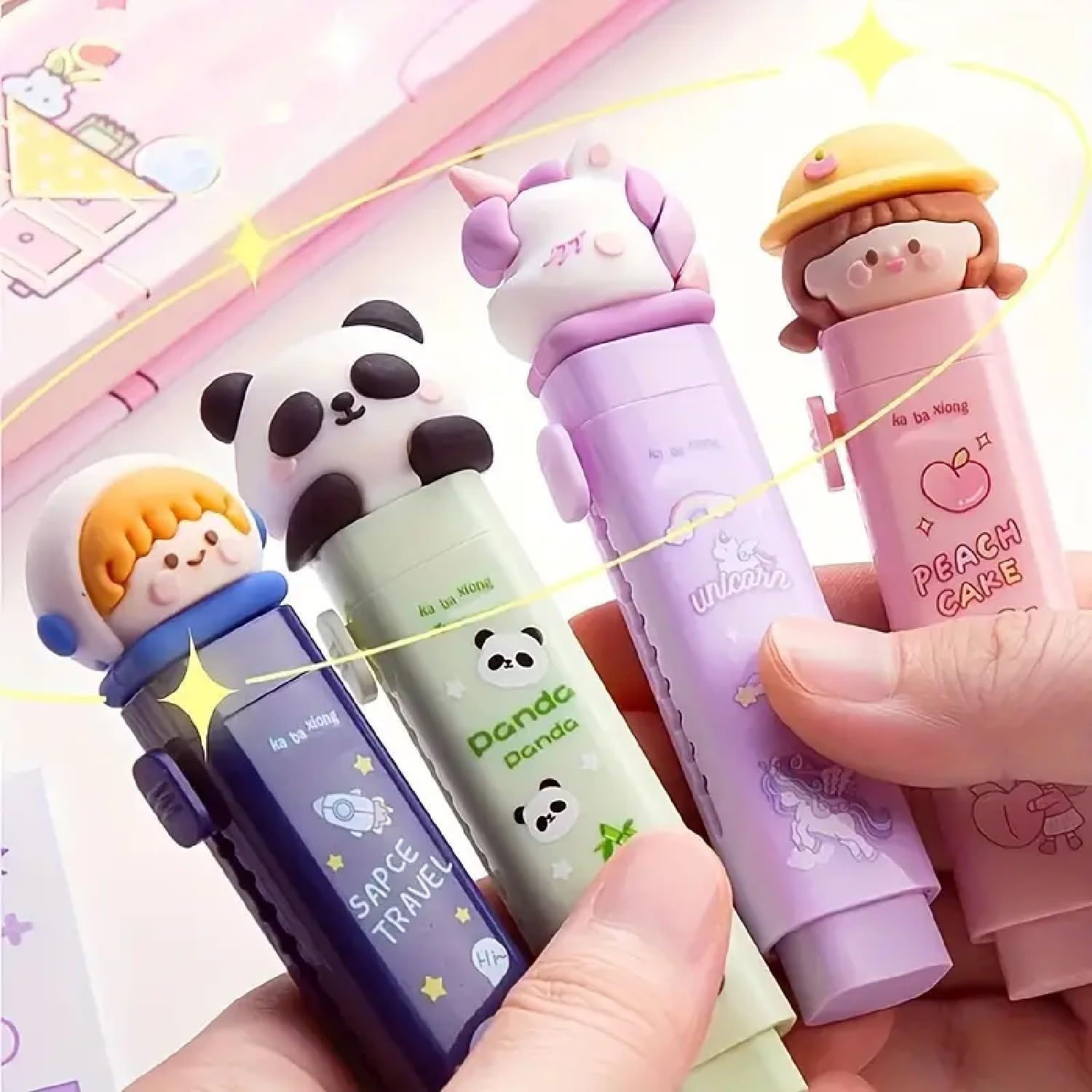 B INIK Cute Pop Eraser Set, Space Travel, Panda, Unicorn, Peach Cake Themes, Rubber, Retractable, 3D Character Topper, 4 Count