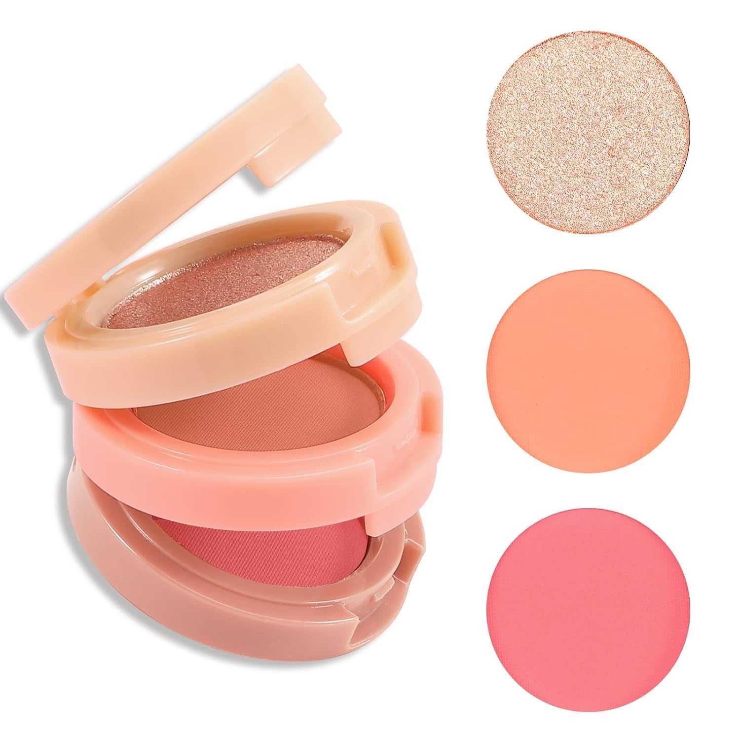 B INIK 3 IN 1 Highlighter, Blush, Contour, Shimmer and Matte Finish, Flash Opal Champagne Peach Coral, Pressed Powder